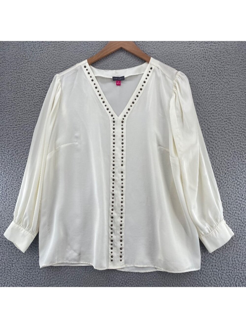Vince Camuto Top Womens 2X White Satin Tunic Long Balloon Sleeve Studded V Neck*